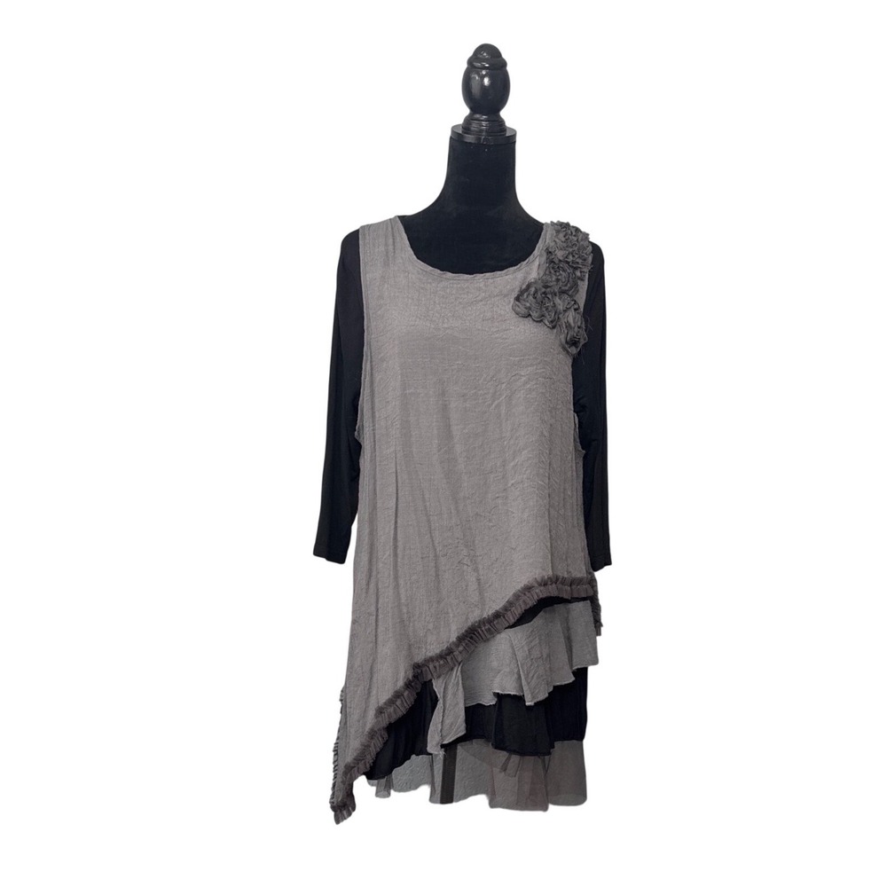 Lady Noiz 2 Pc Layered Dress Set Gray Black Lagenlook Boho Artsy Asymmetrical